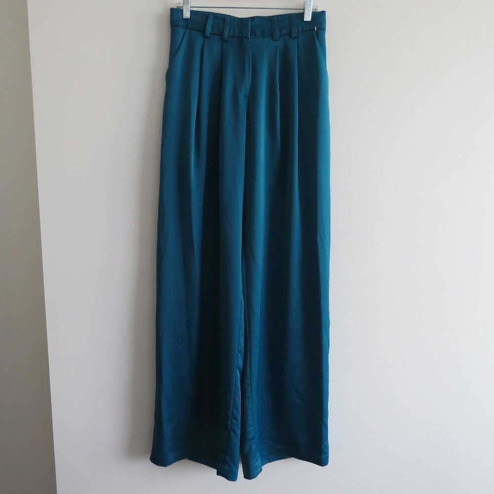 ZENA PRESLEY Teal Satin Palazzo Wide Leg Pants Drapey - Women's Size M - Picture 3 of 15